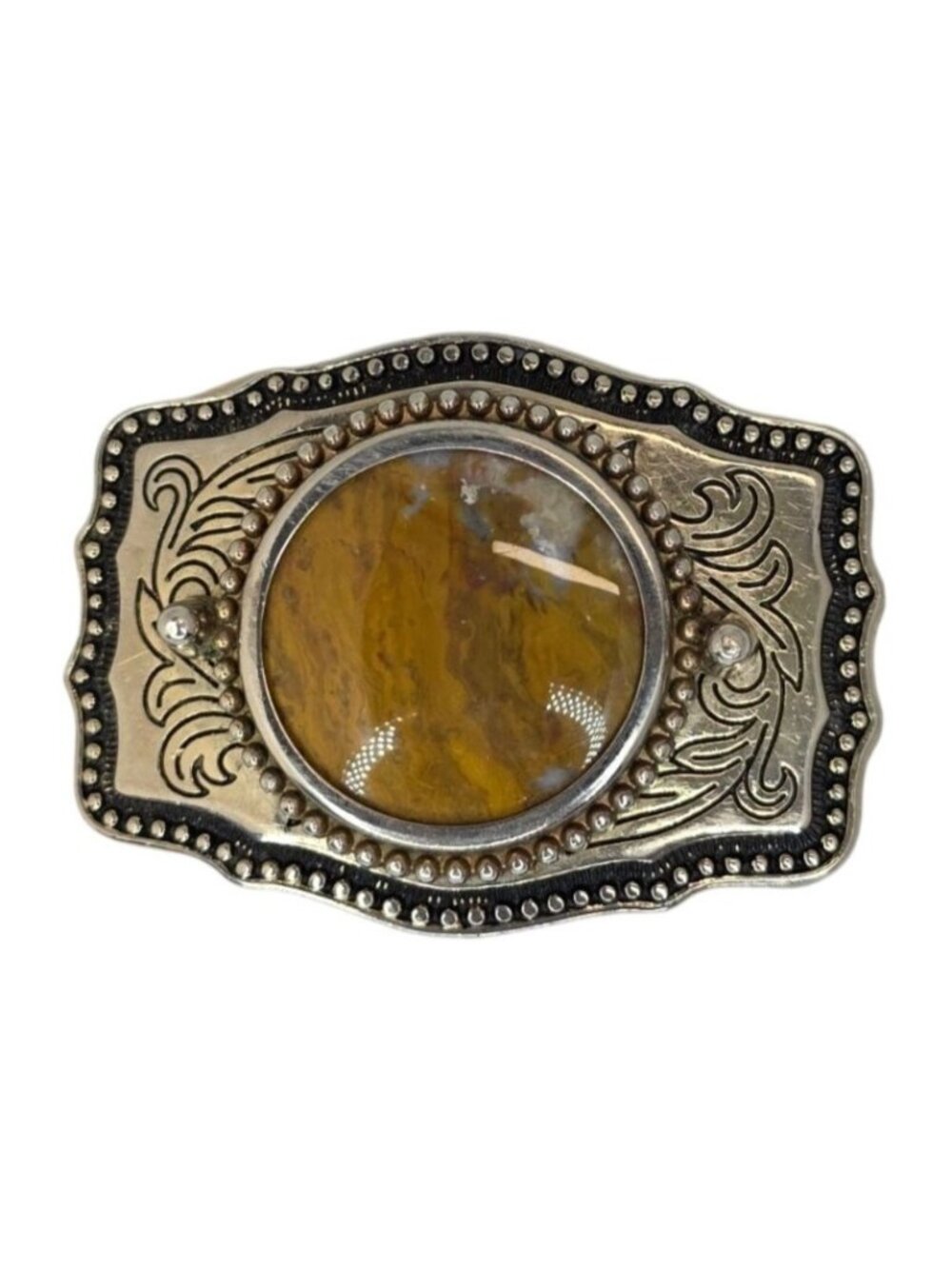 Vintage Western Belt Buckle With Oval Agate Stone Center & Decorative Metalwork